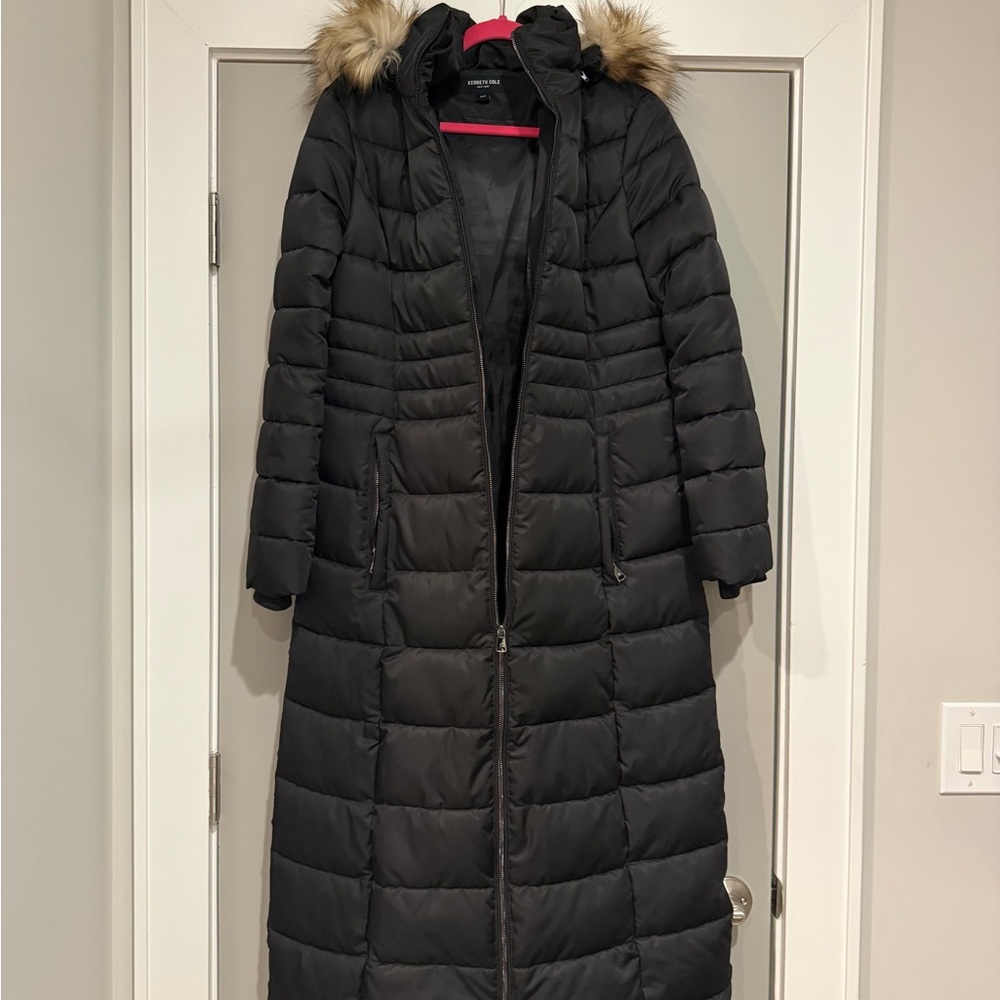Kenneth Cole Women's Black Puffer Maxi Coat Faux Fur Trim Removable Hood Small